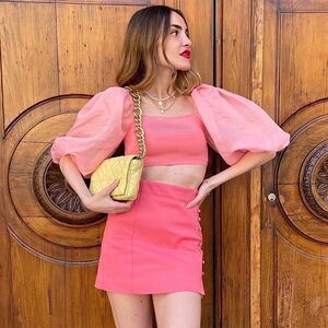 ZARA Top Pink Organza Sleeve Shirt Combination Crop Top Size M • NEW WITH TAGS •